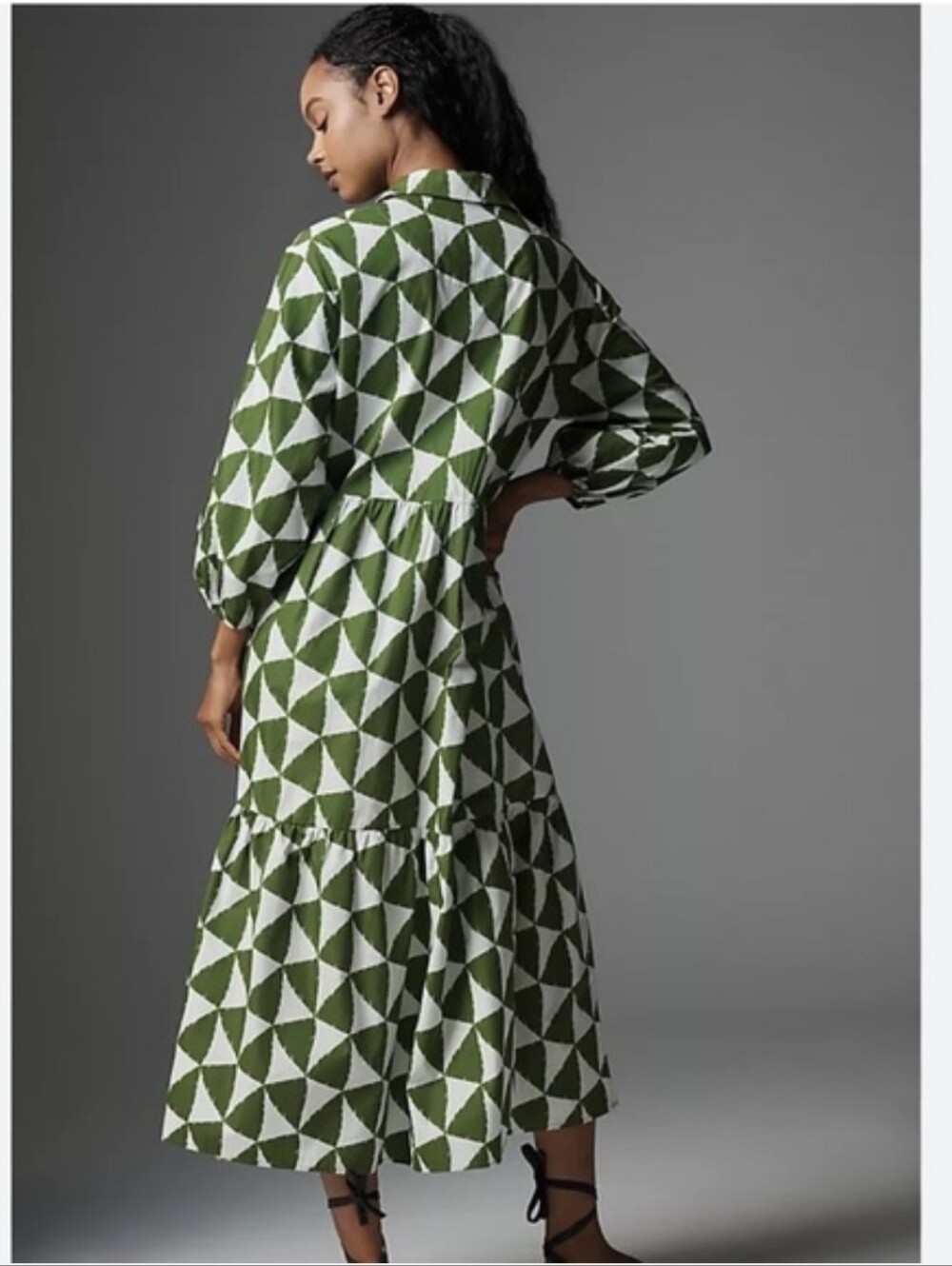 Maeve The Bettina Olive Green & White Geometric Midi Shirt Dress Size 1X Used - Picture 1 of 16